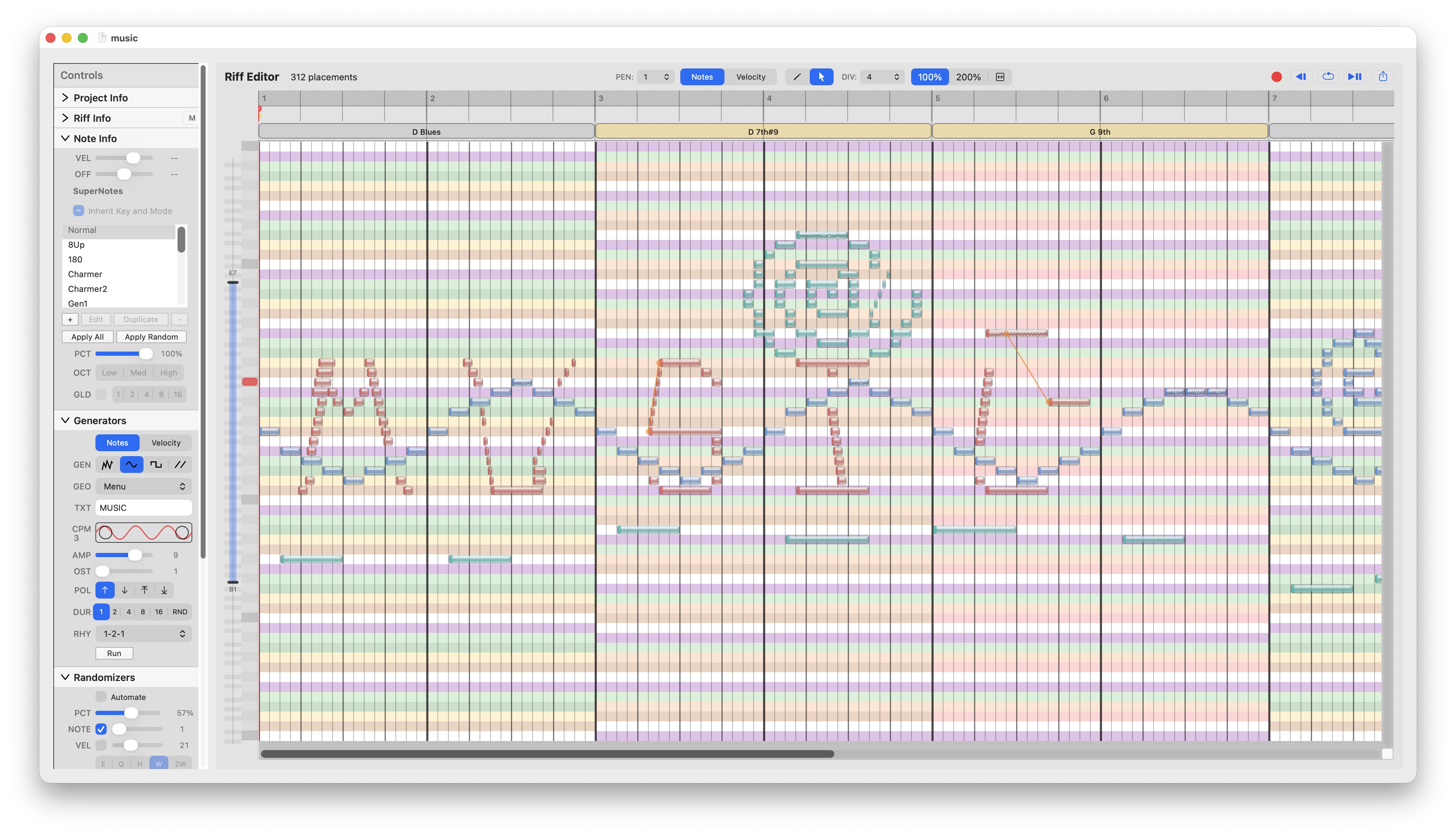 HyperChord Pro riff editor showing layered musical patterns