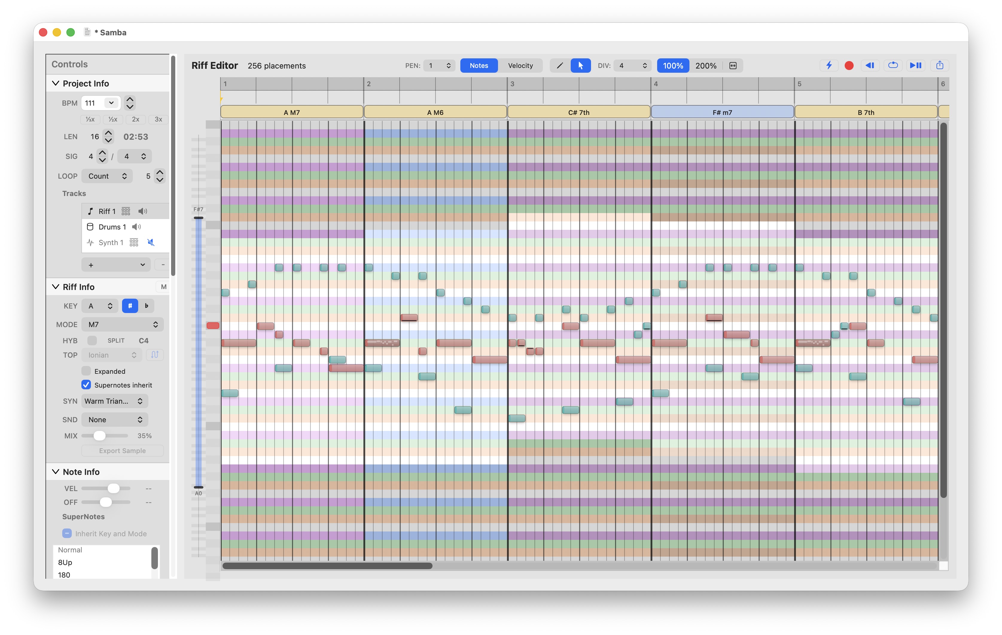 HyperChord Pro main workspace with layered notes in a color-coded riff editor