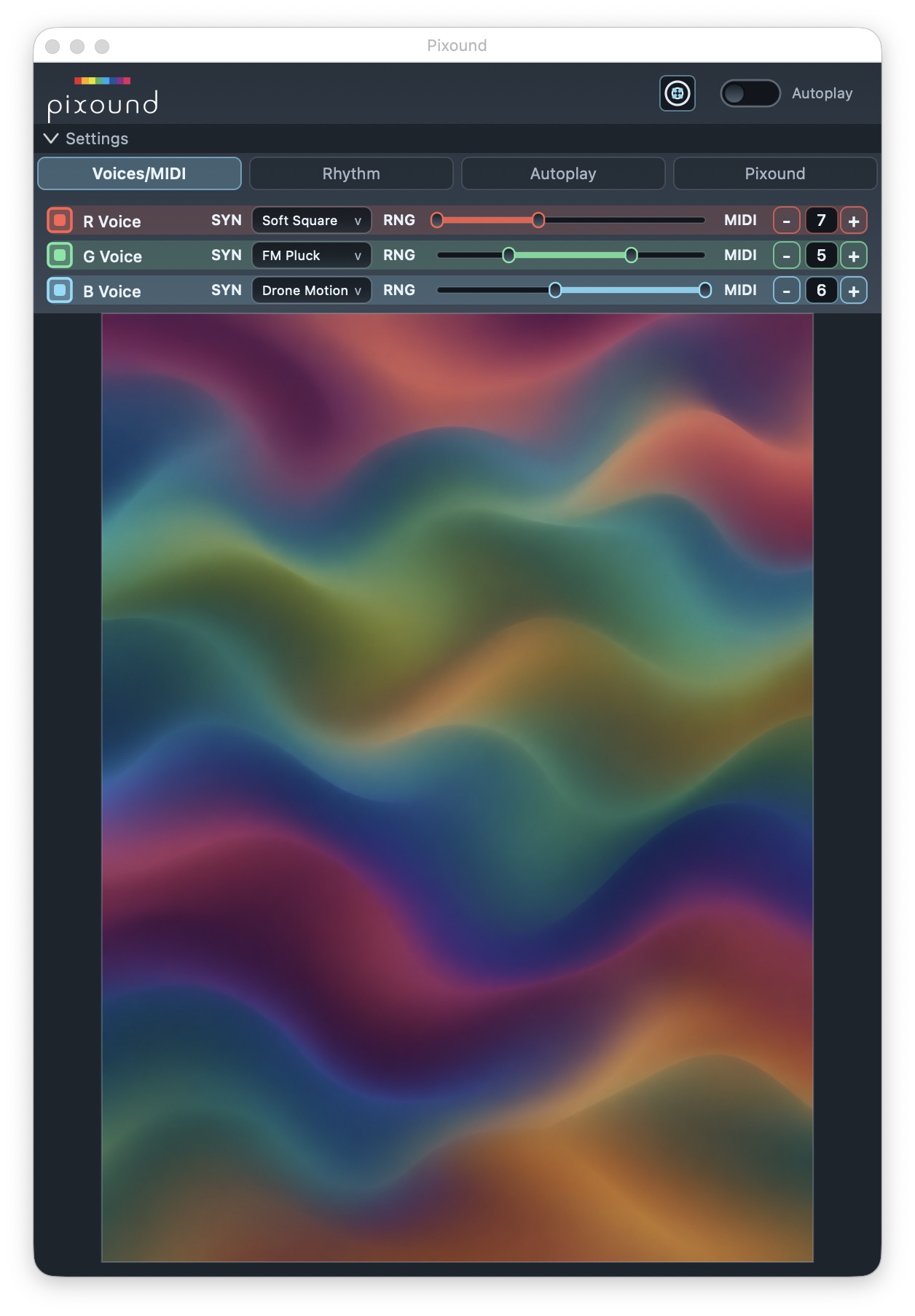 Pixound instrument in HyperChord with separate red, green, and blue voices playing a colorful image